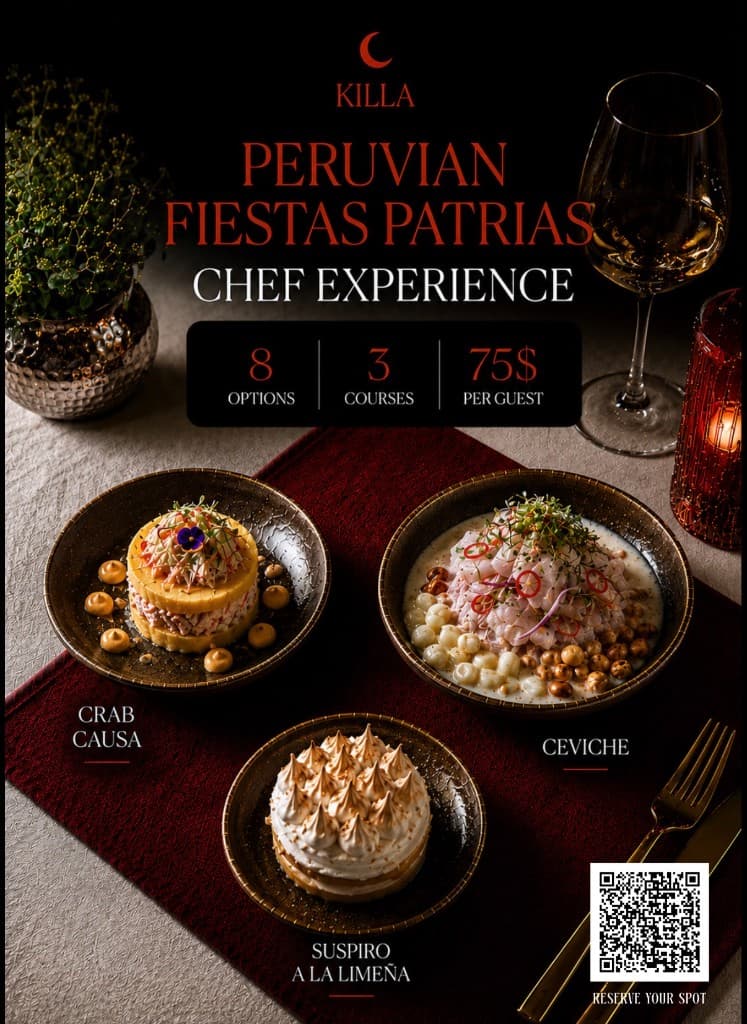 Fiestas Patrias dishes: Crab Causa, Ceviche, and Suspiro a la Limeña