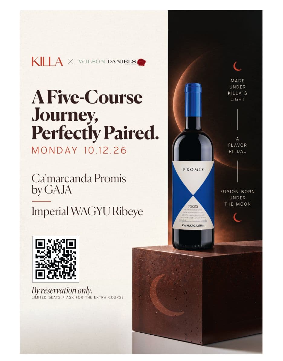 Killa × Wilson Daniels wine dinner poster: A Five-Course Journey, Perfectly Paired, Monday 10.12.26